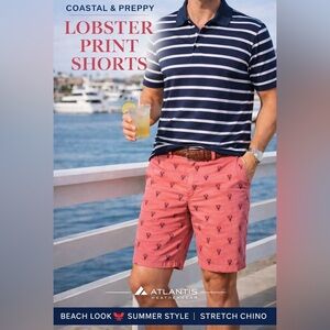 Atlantis Weathergear Lobster Print Stretch Chino Shorts Men’s 34 Coral Preppy